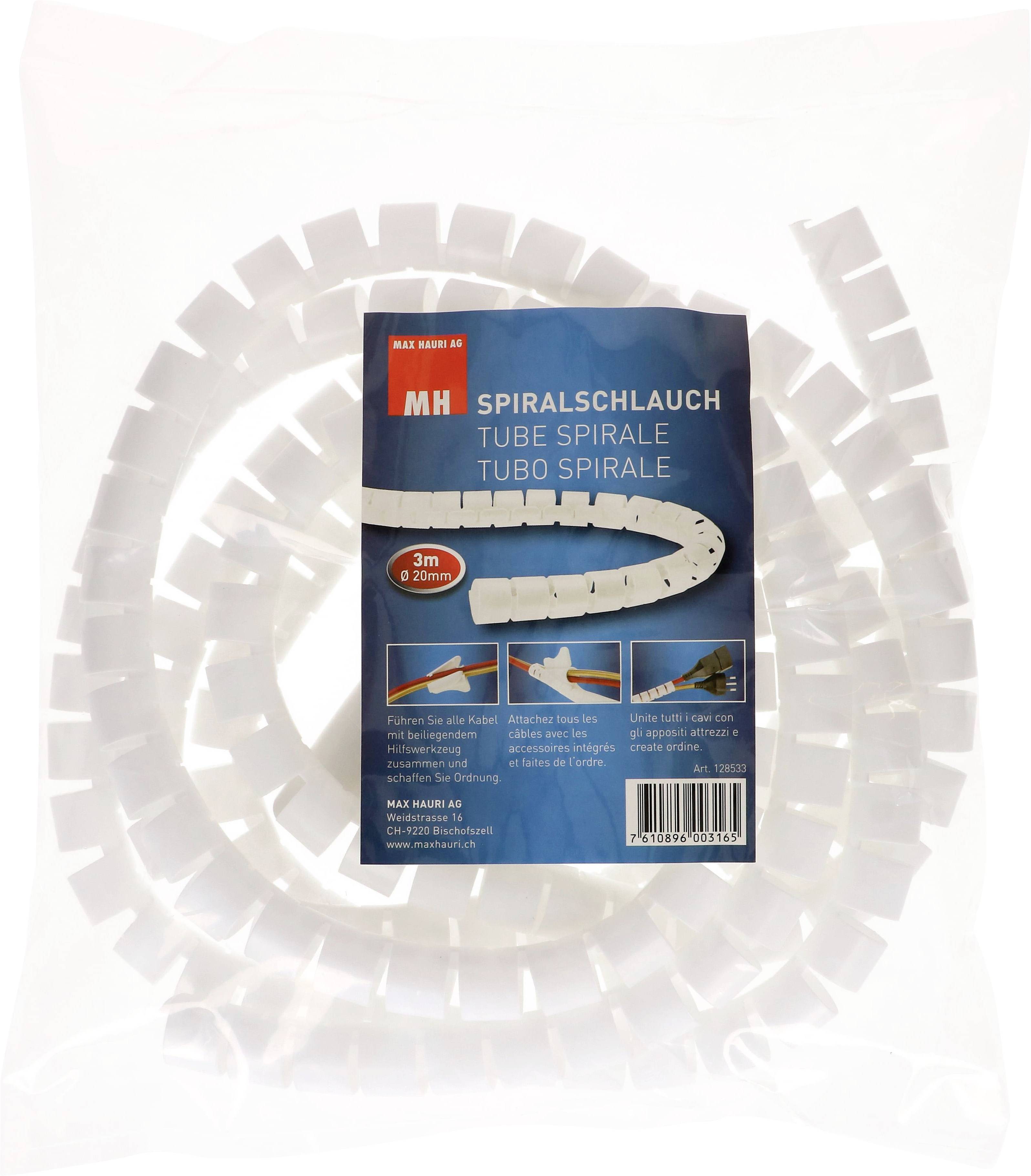 Eine weiße Kabelspirale in einer transparenten Verpackung. Vorderseite zeigt Text: 'Spiralschlauch, 3m, Ø 20mm', mit kleinen Produktbildern.