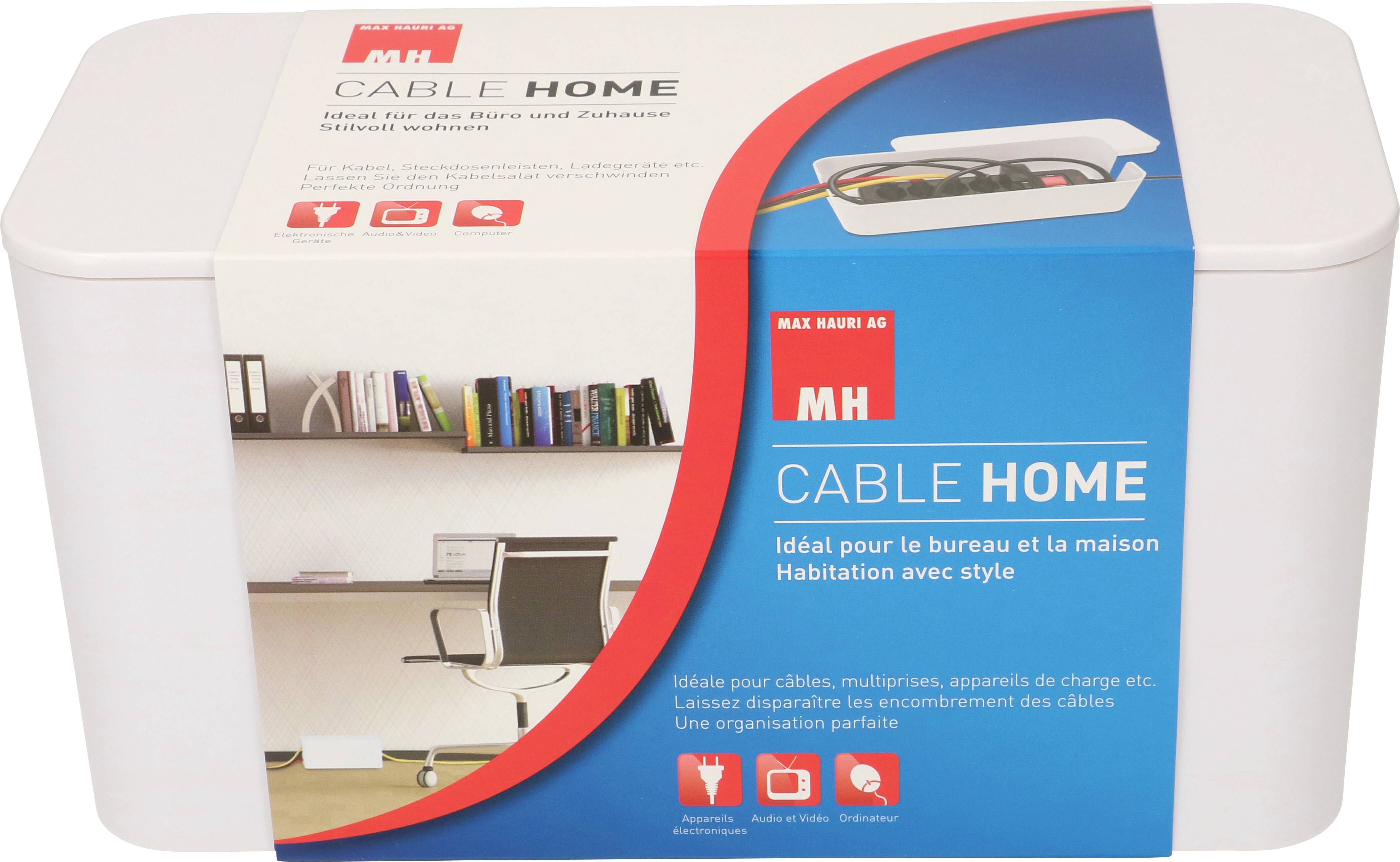 Eine Kabelbox mit der Aufschrift 'Cable Home', ideal zum Verstecken von Kabeln im Büro oder Zuhause. Foto zeigt Anwendung in einem modernen Büro.