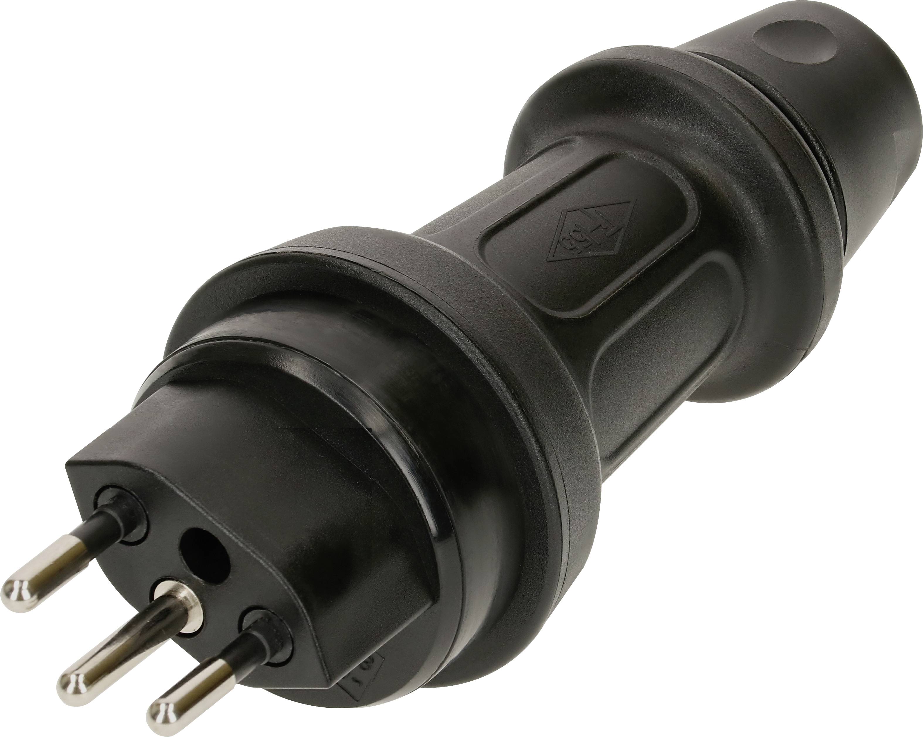 'Drei-poliger, schwarzer Stromstecker aus Kunststoff, in zylindrischer Form, oft für industrielle Anwendungen verwendet.'