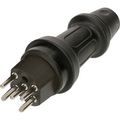 Ein schwarzer, sechspoliger elektrischer Stecker für industrielle Anwendungen. Besteht aus robustem Kunststoff mit Metallstiften.