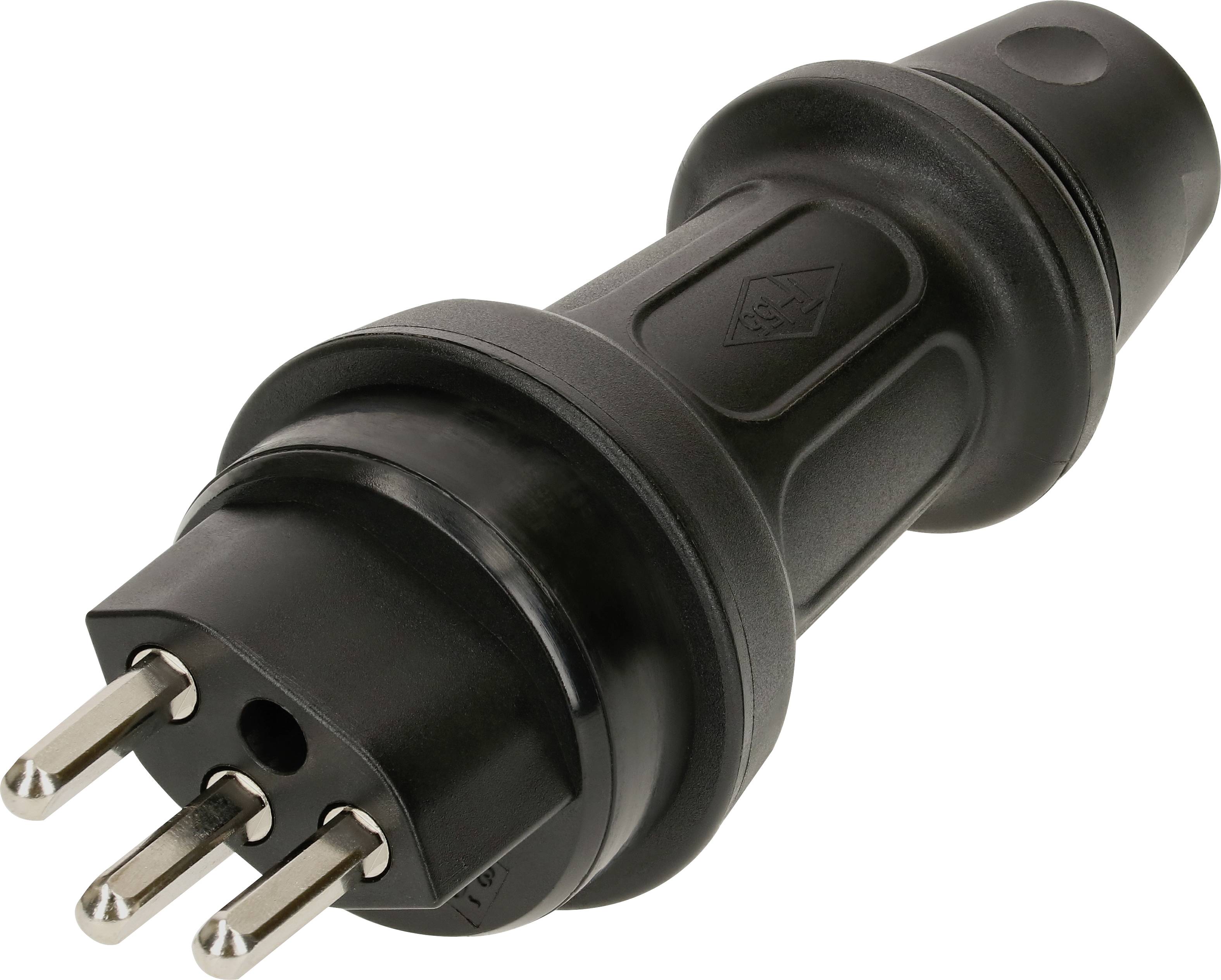 Ein schwarzer dreipoliger Stecker, möglicherweise für industrielle Anwendungen, mit robustem Design und geerdeten Kontakten.