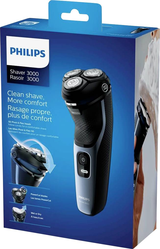 'Philips Shaver 3000' elektrische Rasierer-Verpackung, zeigt ein schwarzes und silbernes Rasiergerät und beschreibt Komfort und saubere Rasur.