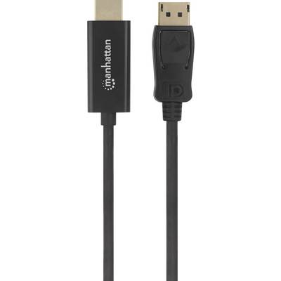 Ein schwarzes Kabel mit HDMI-Stecker links und DisplayPort-Stecker rechts, Markenname 'Manhattan' auf dem HDMI-Stecker abgebildet.