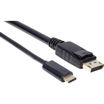 Ein schwarzes Kabel mit einem USB-C-Stecker auf der einen Seite und einem DisplayPort-Stecker auf der anderen Seite.