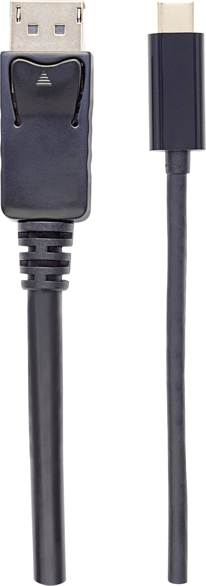 Ein schwarzes Kabel mit einem DisplayPort-Stecker links und einem USB-C-Stecker rechts. Beide Stecker sind schwarz.