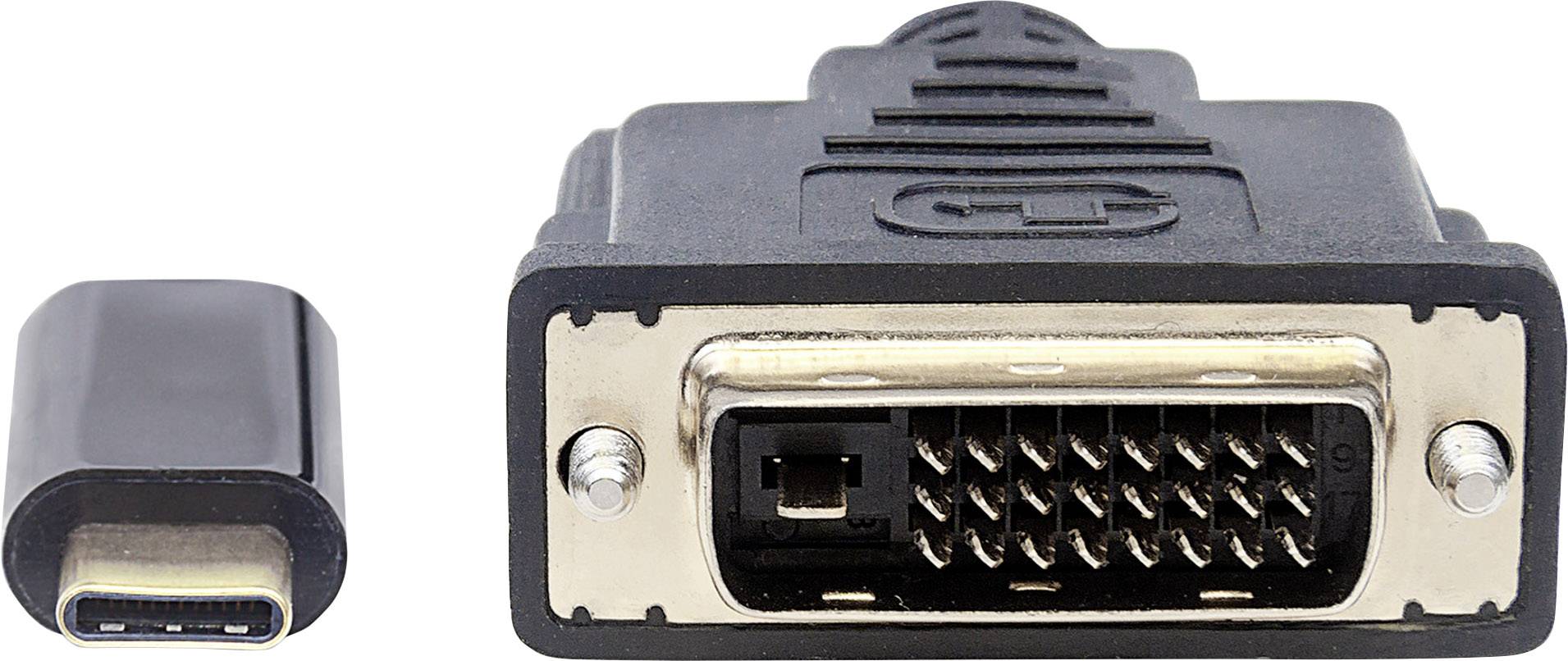 Ein USB-C-zu-DVI-Adapterkabel zeigt links einen USB-C-Anschluss und rechts einen DVI-Anschluss, zum Verbinden zweier Geräte.