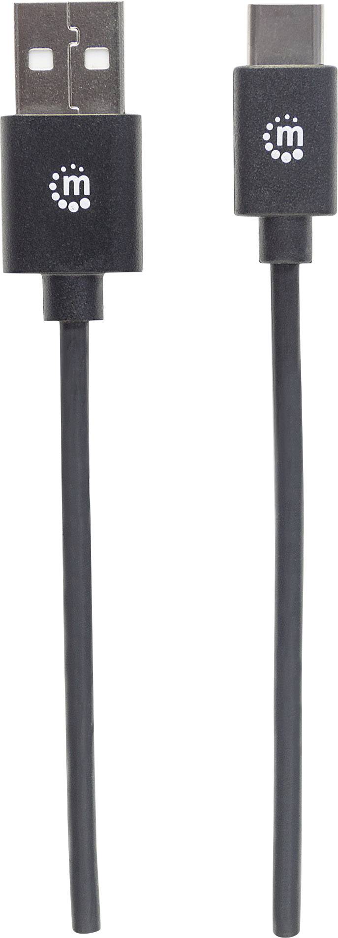 Zwei schwarze Kabel mit USB-A- und USB-C-Anschlüssen.