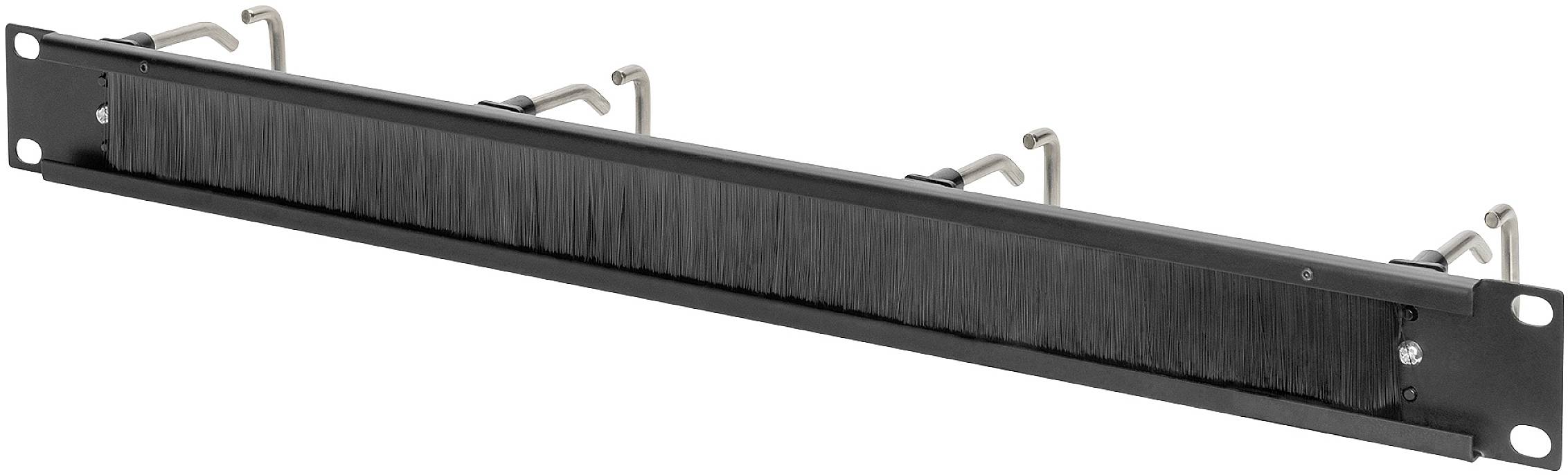 Ein Kabelmanagement-Panel aus schwarzem Metall mit Bürstendurchführung zur ordentlichen Führung und Organisation von Kabeln in einem Rack.