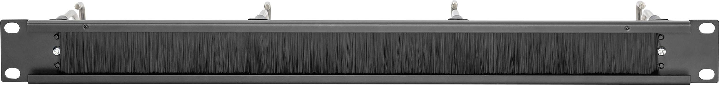 Schwarze Kabeldurchführung mit Bürstenleiste zur sauberen und sicheren Kabelverlegung in einem Server- oder Elektronikschrank.