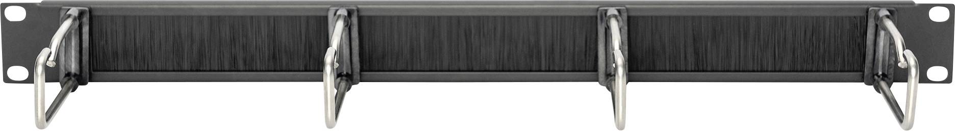 Ein schwarzes Kabelmanagement-Panel mit vier C-förmigen Kabelhaltern, montiert auf einem Metallrahmen, zur Organisation von Kabeln in einem Server-Rack.