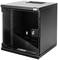 Ein kleiner, schwarzer Netzwerkschrank mit Glastür, Wandmontageoption und Schloss. Ideal zur sicheren Aufbewahrung von Netzwerkgeräten.