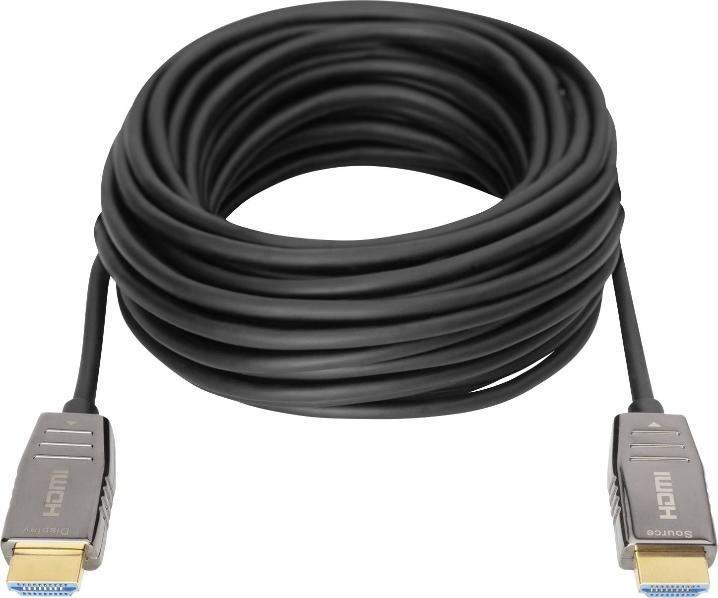 Ein langes, zusammengerolltes schwarzes HDMI-Kabel mit zwei Steckern, die silberfarben und beschriftet sind.