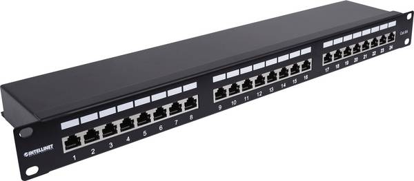 Intellinet 24-Port Cat6a Patchpanel geschirmt 1HE Kabeleinführung 90° abgewinkelt schwarz 24 Port Patch-Panel 483 mm (19") CAT 6a 1 HE Schwarz Bestückt