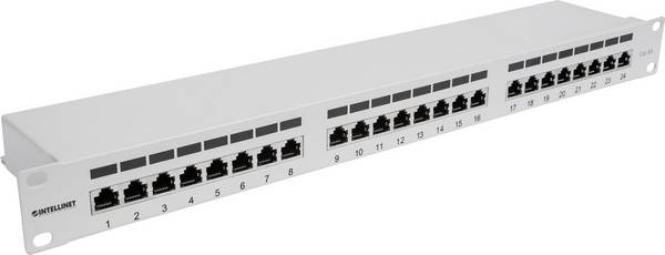 Intellinet 24-Port Cat6a Patchpanel geschirmt 1HE Kabeleinführung 90° abgewinkelt grau 24 Port Patch-Panel 483 mm (19") CAT 6a 1 HE Grau (RAL 7035) Bestückt