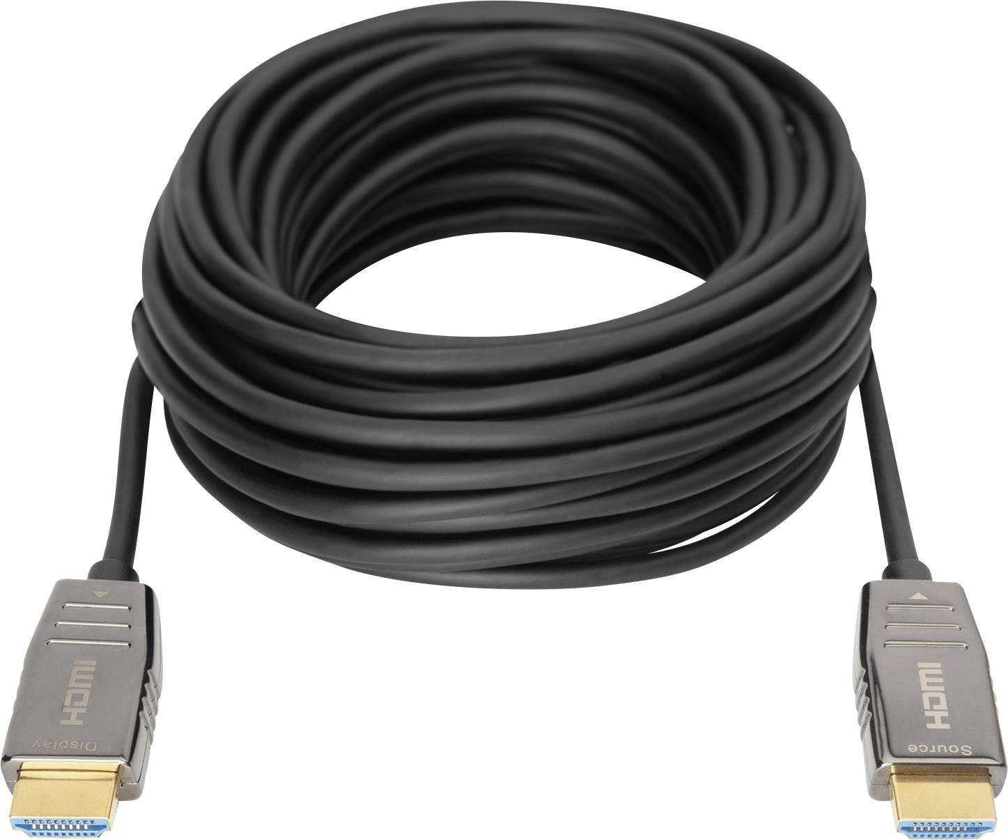 Ein langes, schwarzes HDMI-Kabel ist aufgerollt. Beide Enden sind mit goldfarbenen Steckern versehen.