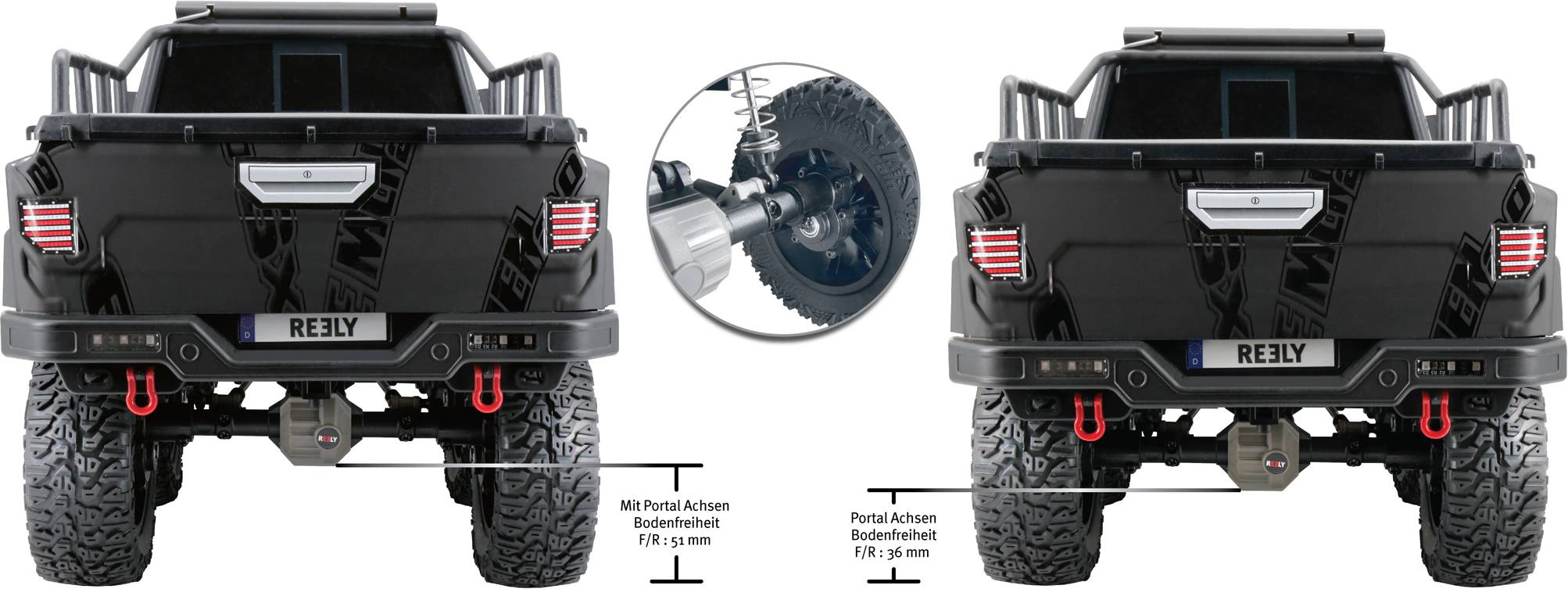 Rückansicht eines schwarzen Geländewagens mit zwei unterschiedlichen Bodenhöhen. Links: '17,9 mm', rechts: '30 mm'. Detailansicht der Achse oben in der Mitte.