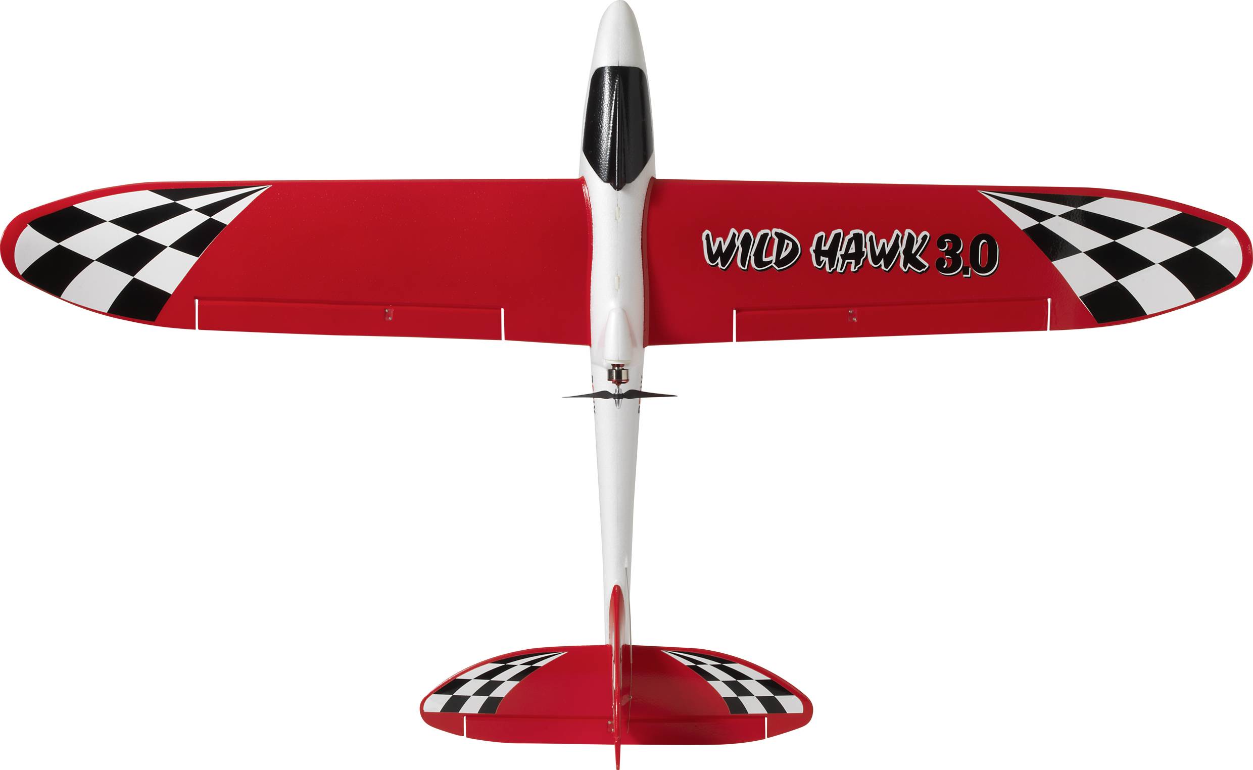 Ein rotes Modellflugzeug von oben gesehen mit schwarz-weiß karierten Flügelspitzen und der Aufschrift 'Wild Hawk 3.0' an einem Flügel.