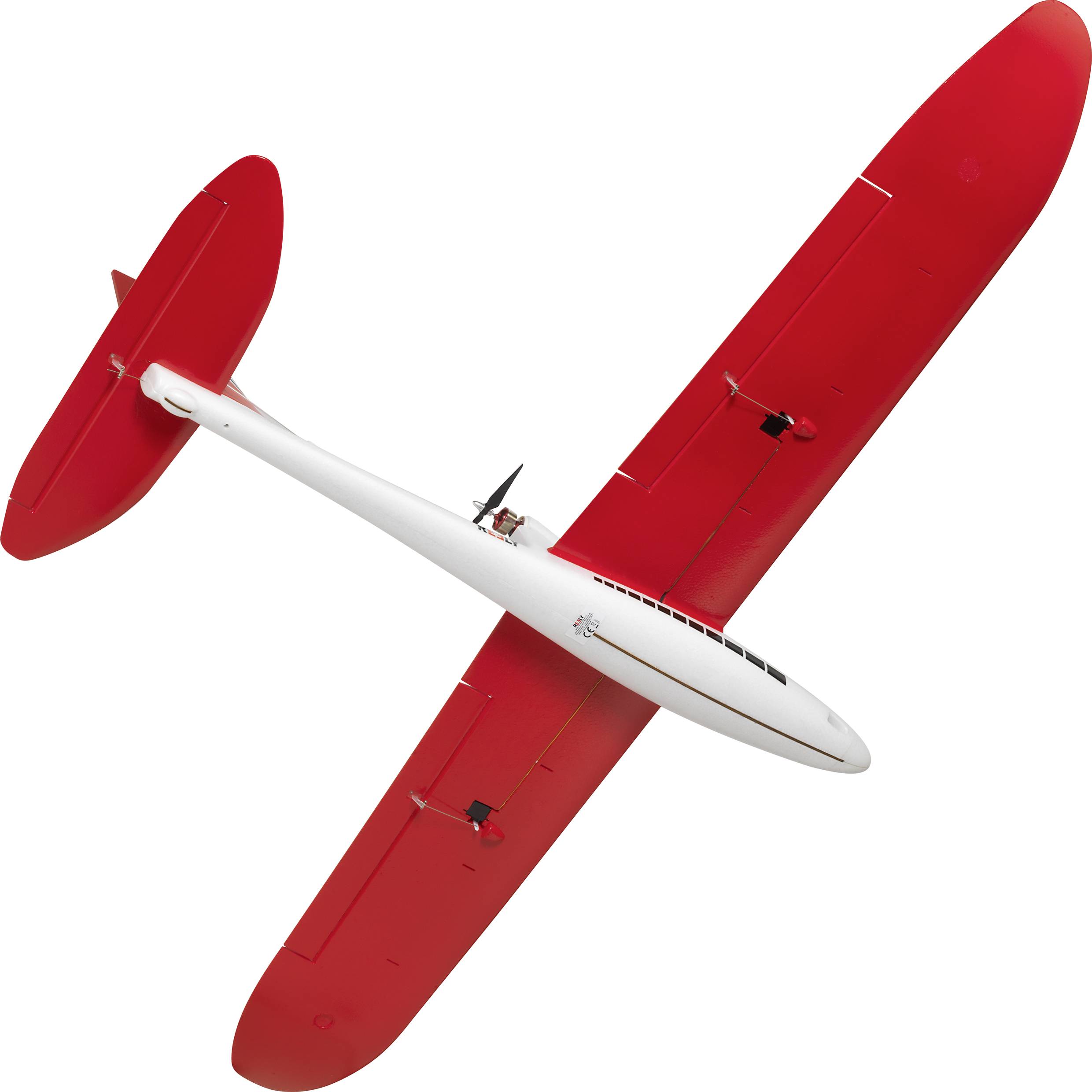 Segelflugzeug von oben, rote Flügel und weißer Rumpf; Design für aerodynamische Effizienz sichtbar.
