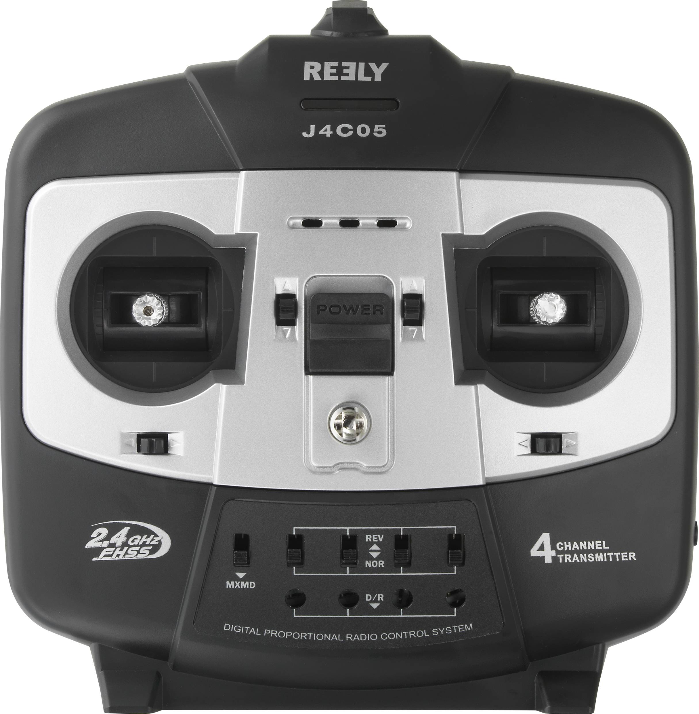 'Fernsteuerung mit zwei Joysticks und mehreren Schaltern. Markierung oben: REELY J4C05. Beschriftung: 24GHz FHSS, 4 Channel Transmitter.'