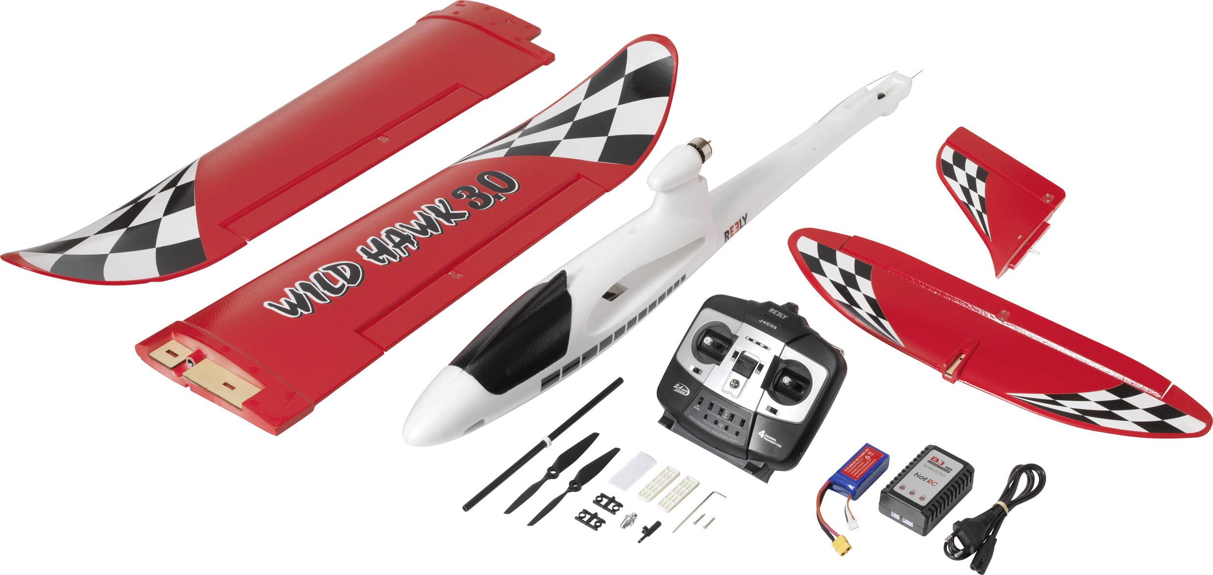 Ein Baukasten für ein ferngesteuertes Modellflugzeug namens 'Wild Hawk 3.0' mit Komponenten wie Flügeln, Rumpf, Fernsteuerung und Zubehör.