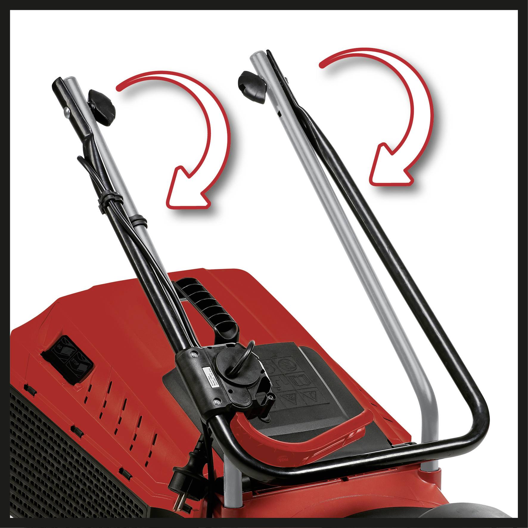 Rasenmäher-Griff mit zwei rotierenden Pfeilen, die den klappbaren Mechanismus des Griffs zum einfachen Verstauen anzeigen.