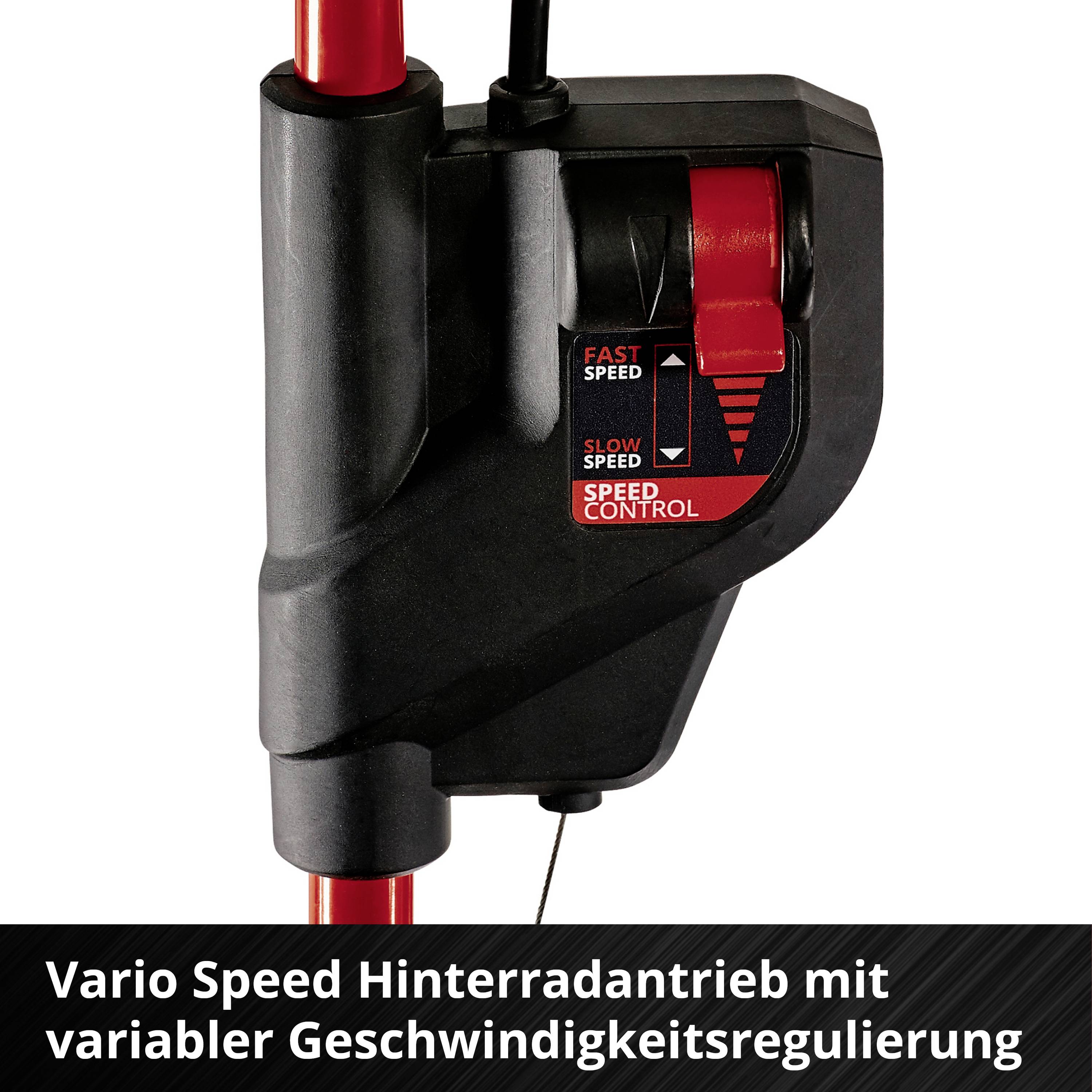 'Vario Speed Hinterradantrieb mit variabler Geschwindigkeitsregulierung.' Ein Gerät mit rotem Hebel zur Geschwindigkeitssteuerung.