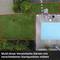 Ein Garten geteilt in verschiedene Bereiche, mit einem Rasenmähroboter auf Rasen und zwei Personen am Tisch neben einem Pool.