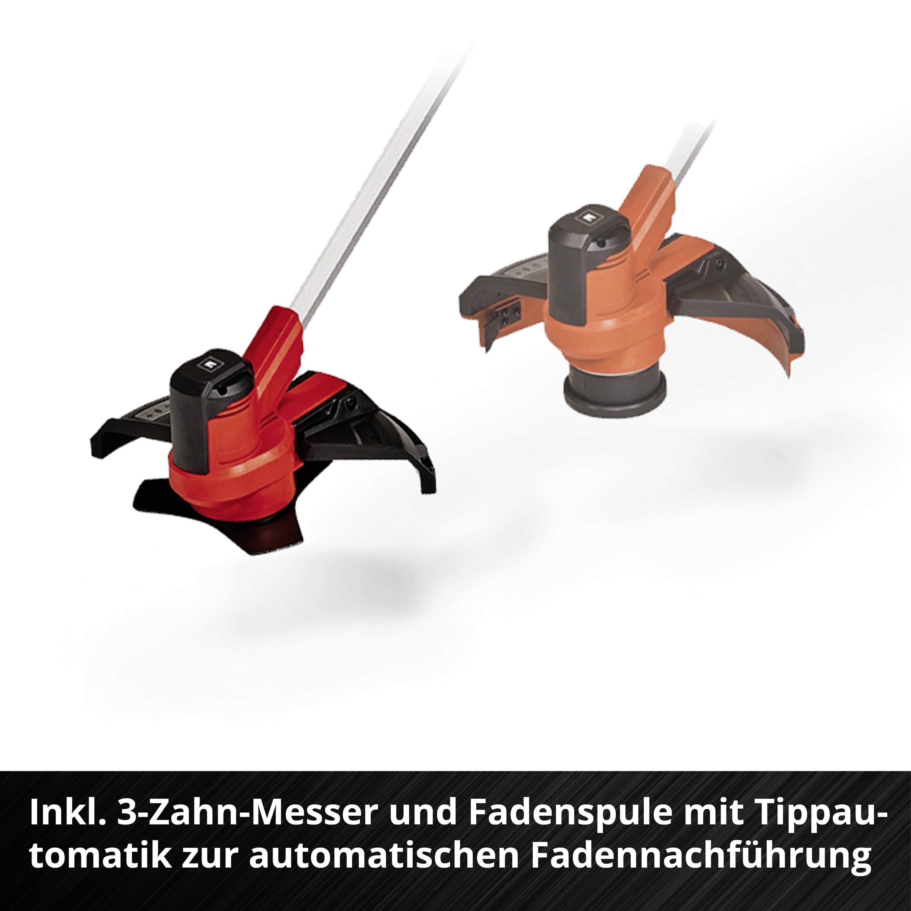 Zwei rot-schwarze Rasentrimmer mit einer langen Stange und grauem Griff. Untertitel: 'Inkl. 3-Zahn-Messer und Fadenspule'.