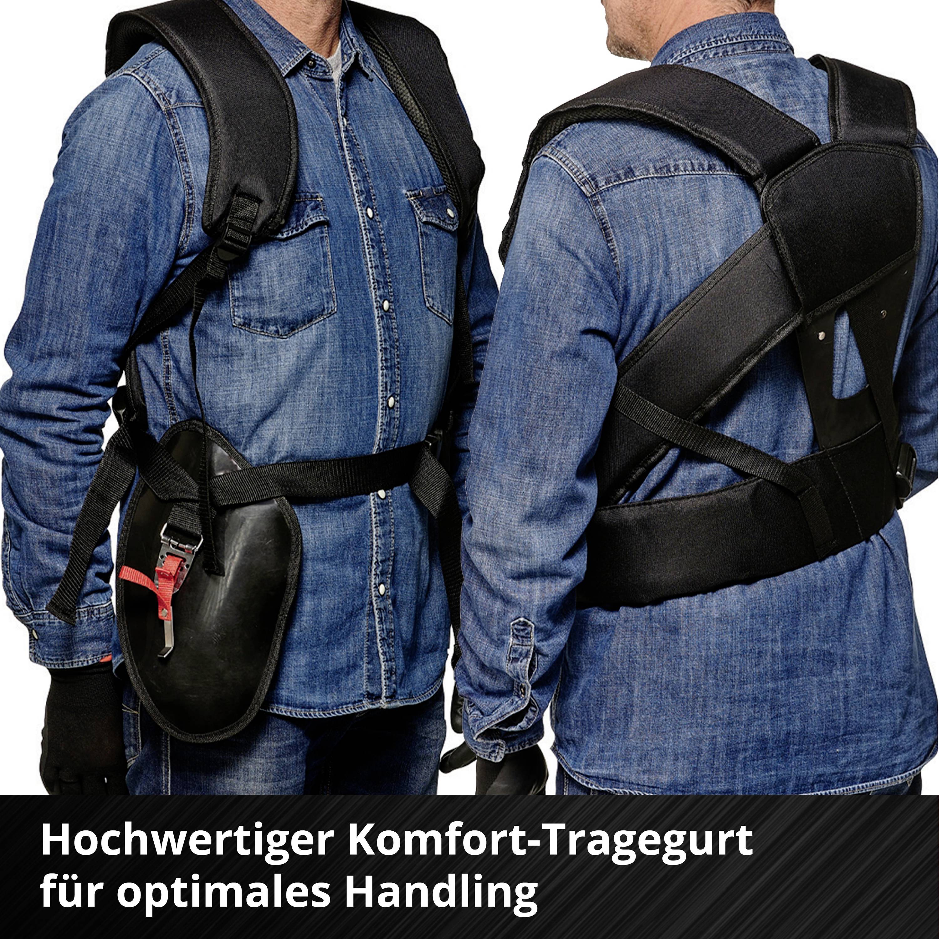 Zwei Personen in blauen Hemden tragen schwarze Komfort-Tragegurte. Text unten: 'Hochwertiger Komfort-Tragegurt für optimales Handling'.