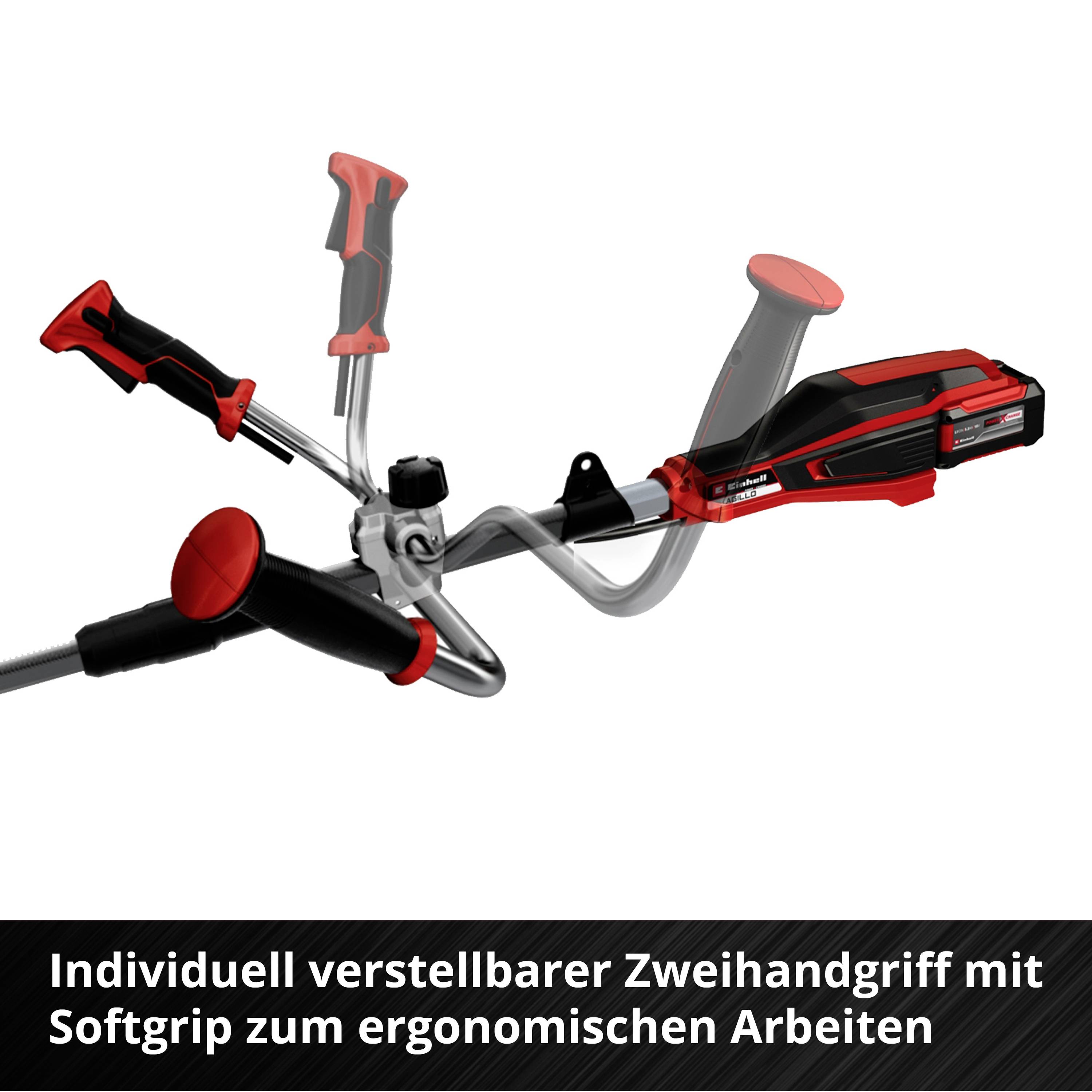 Rasenmäher mit verstellbarem Zweihandgriff und Softgrip für ergonomisches Arbeiten. Hauptfarbe ist Rot.