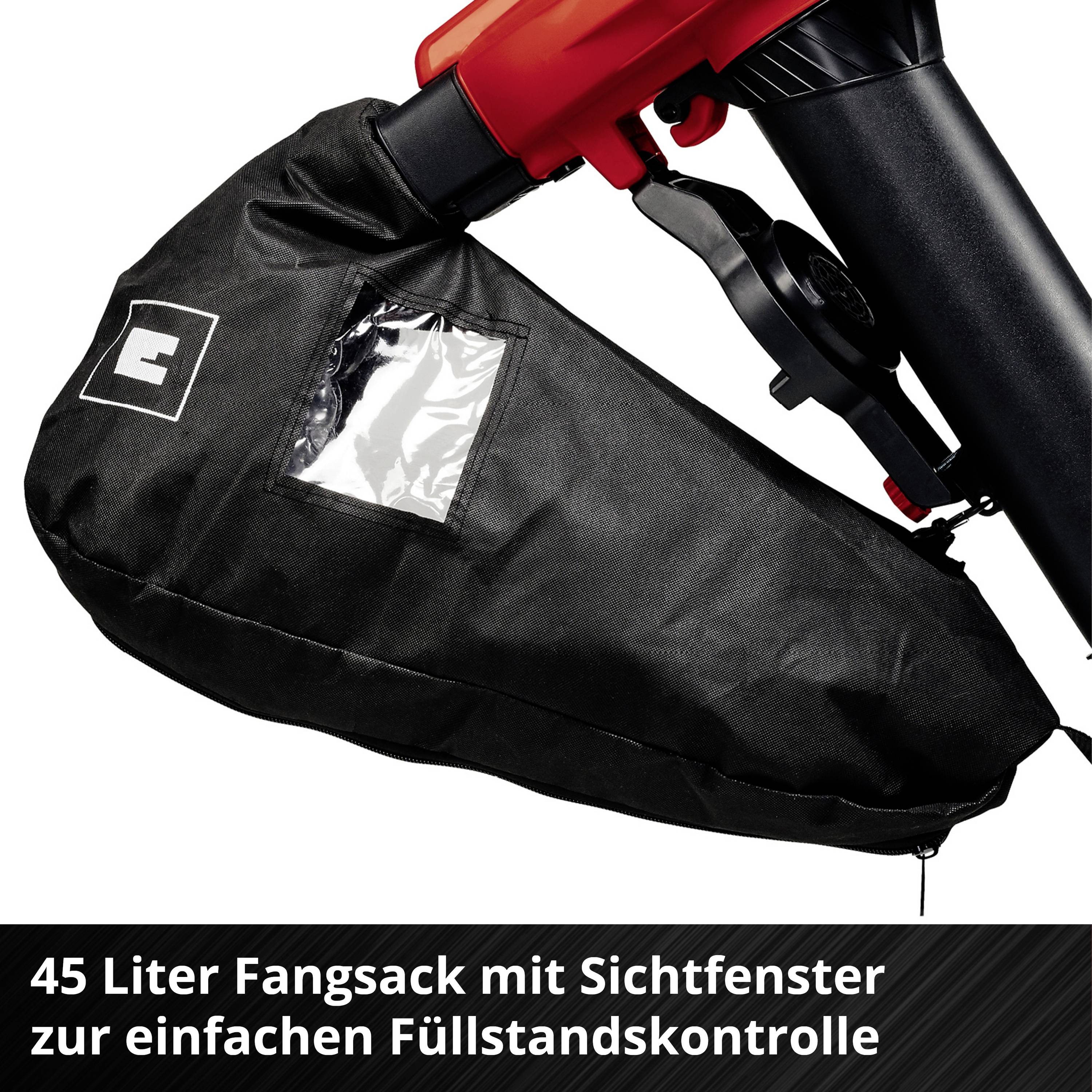 Laubsauger mit 45-Liter-Fangsack und Sichtfenster. Text: '45 Liter Fangsack mit Sichtfenster zur einfachen Füllstandskontrolle'.