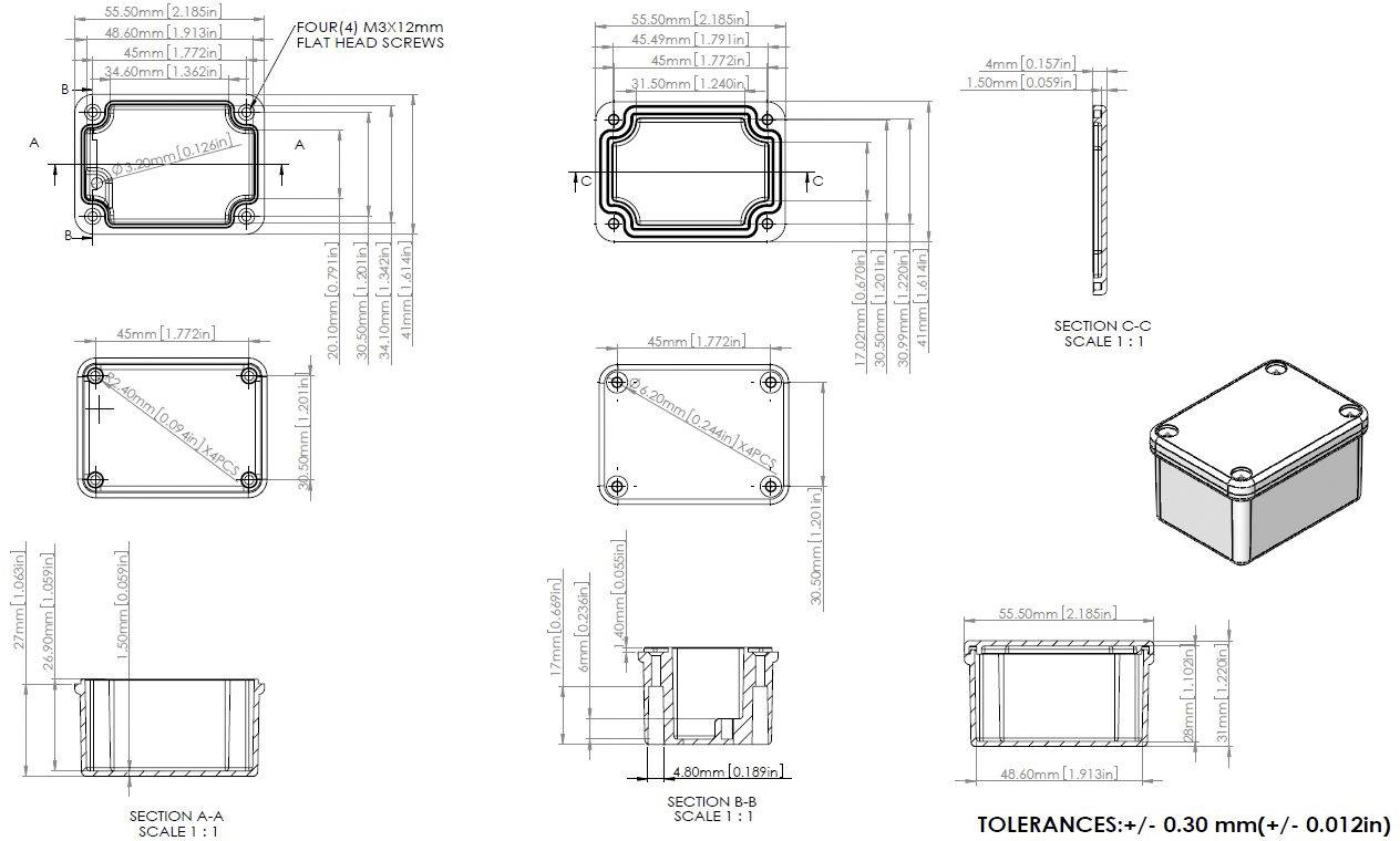 'Technische Zeichnung eines rechteckigen Gehäuses mit Abmessungen, Schnittansichten und Toleranzen. Schraubenlöcher sind markiert.'