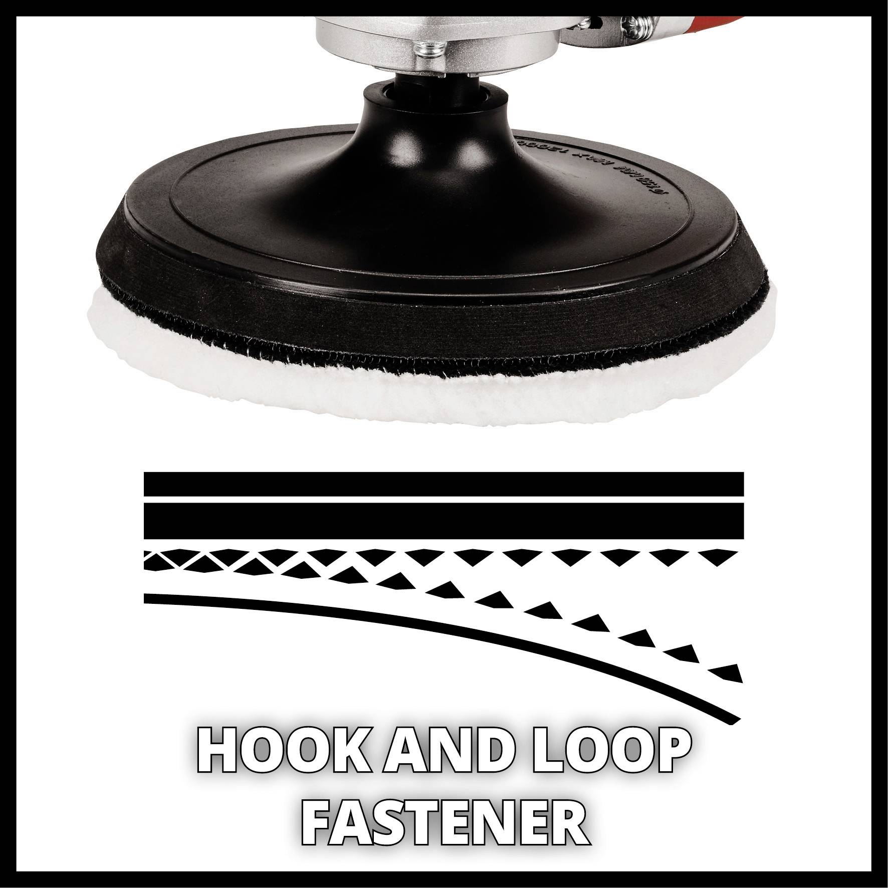 Runde Polierscheibe mit Haken- und Schlaufenverschluss, geeignet für Polierarbeiten. Text darunter: 'Hook and Loop Fastener'.