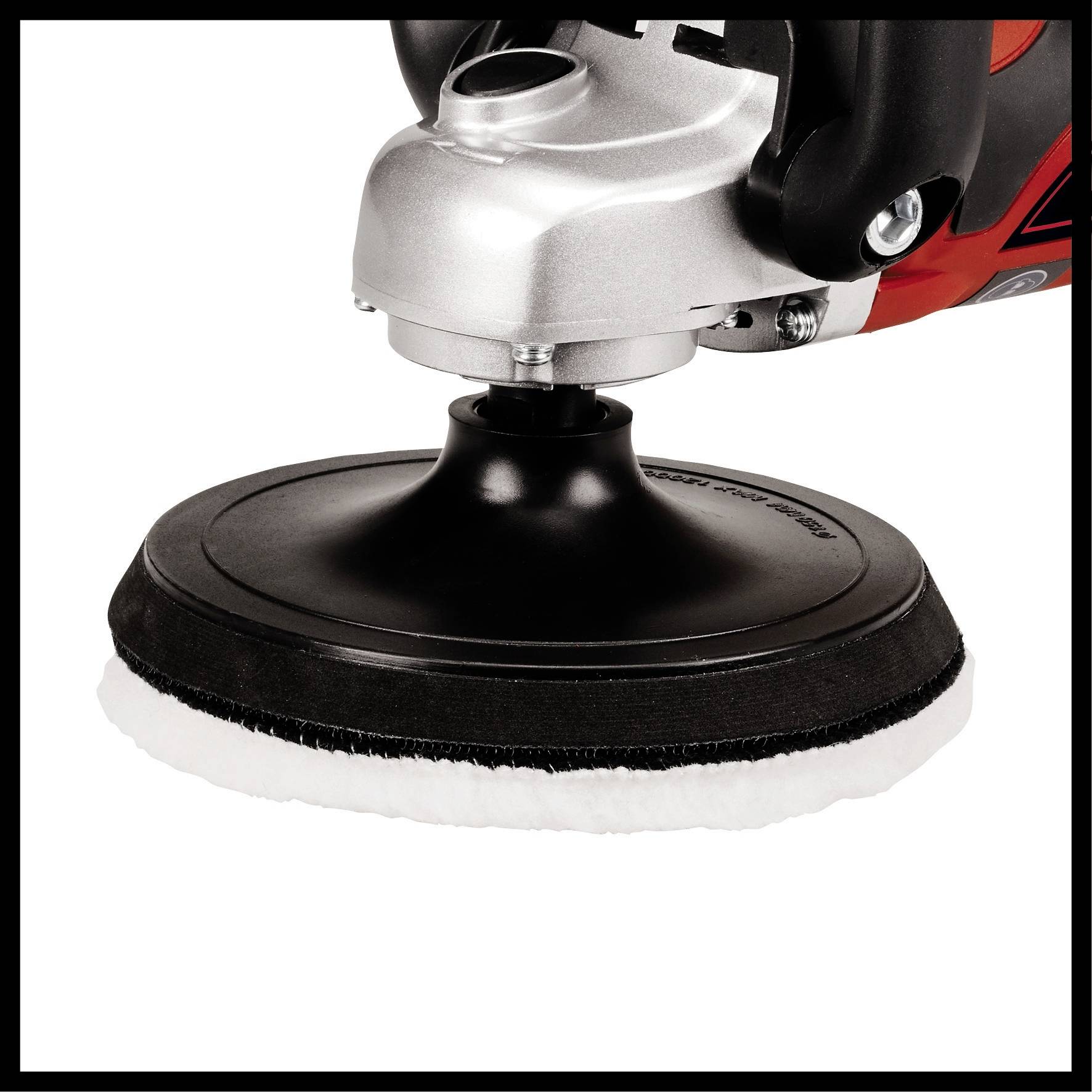 Eine elektrische Poliermaschine mit schwarz-weißem Polierpad, geeignet für Autopflege und Industriereinigung.