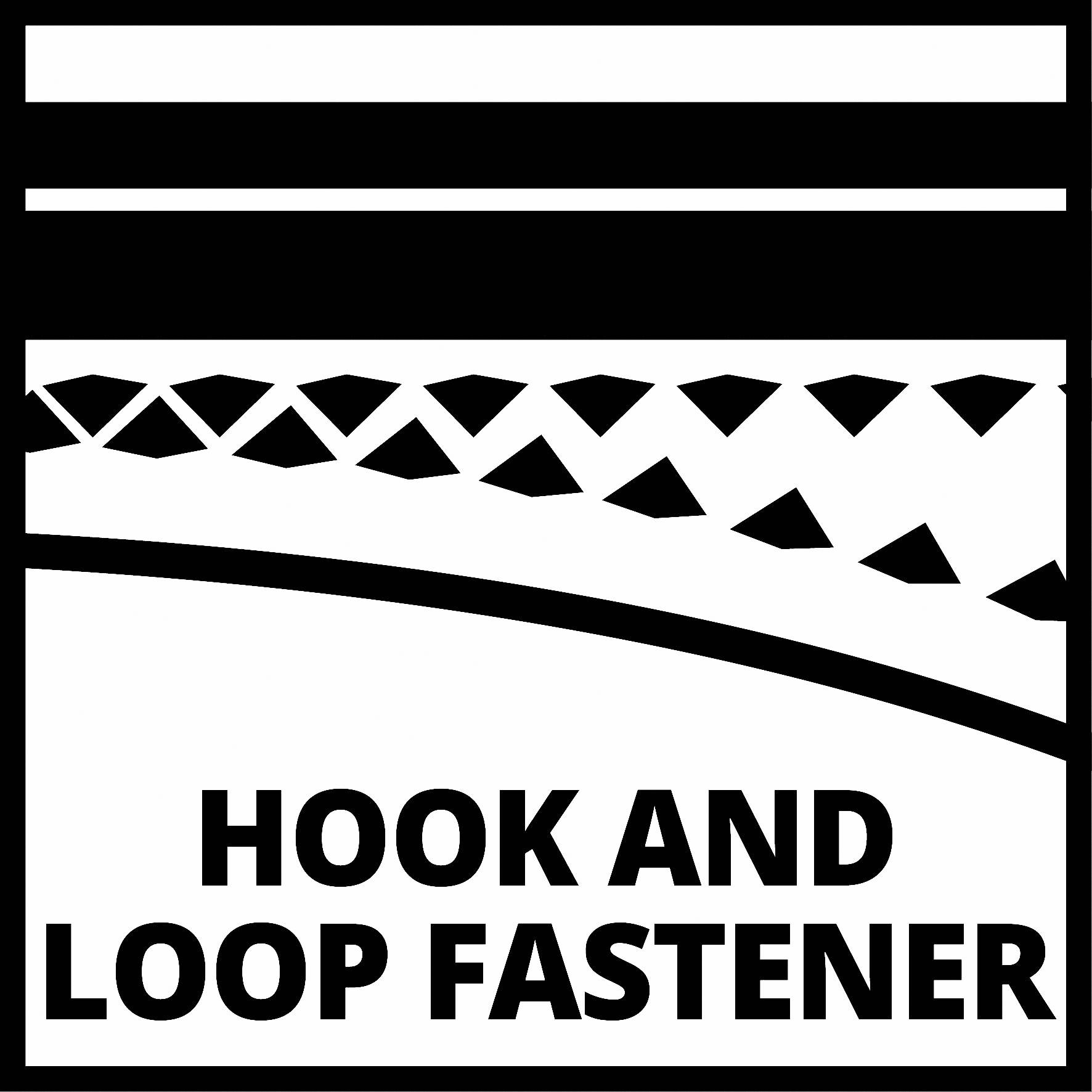 Bildausschnitt eines Etiketts mit der Aufschrift 'Hook and Loop Fastener', das auf einen Klettverschluss hinweist.