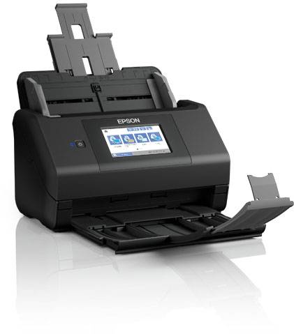 Ein schwarzer Epson-Scanner mit aufrechter Papierzufuhr und digitalem Display, der für Bürodokumente verwendet wird.