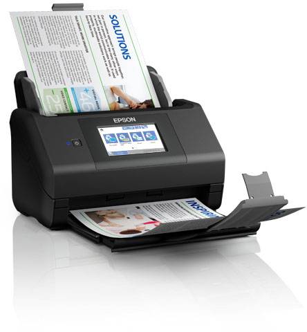 Ein schwarzer Epson-Drucker scannt ein farbiges Dokument. Das Display zeigt vier Icons für verschiedene Druckoptionen.