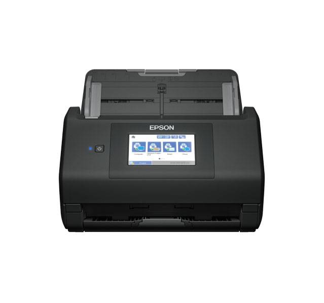 Ein schwarz-grauer Desktop-Scanner mit Display, zeigt das Epson-Logo. Das Display zeigt Symbole für verschiedene Scan-Optionen.