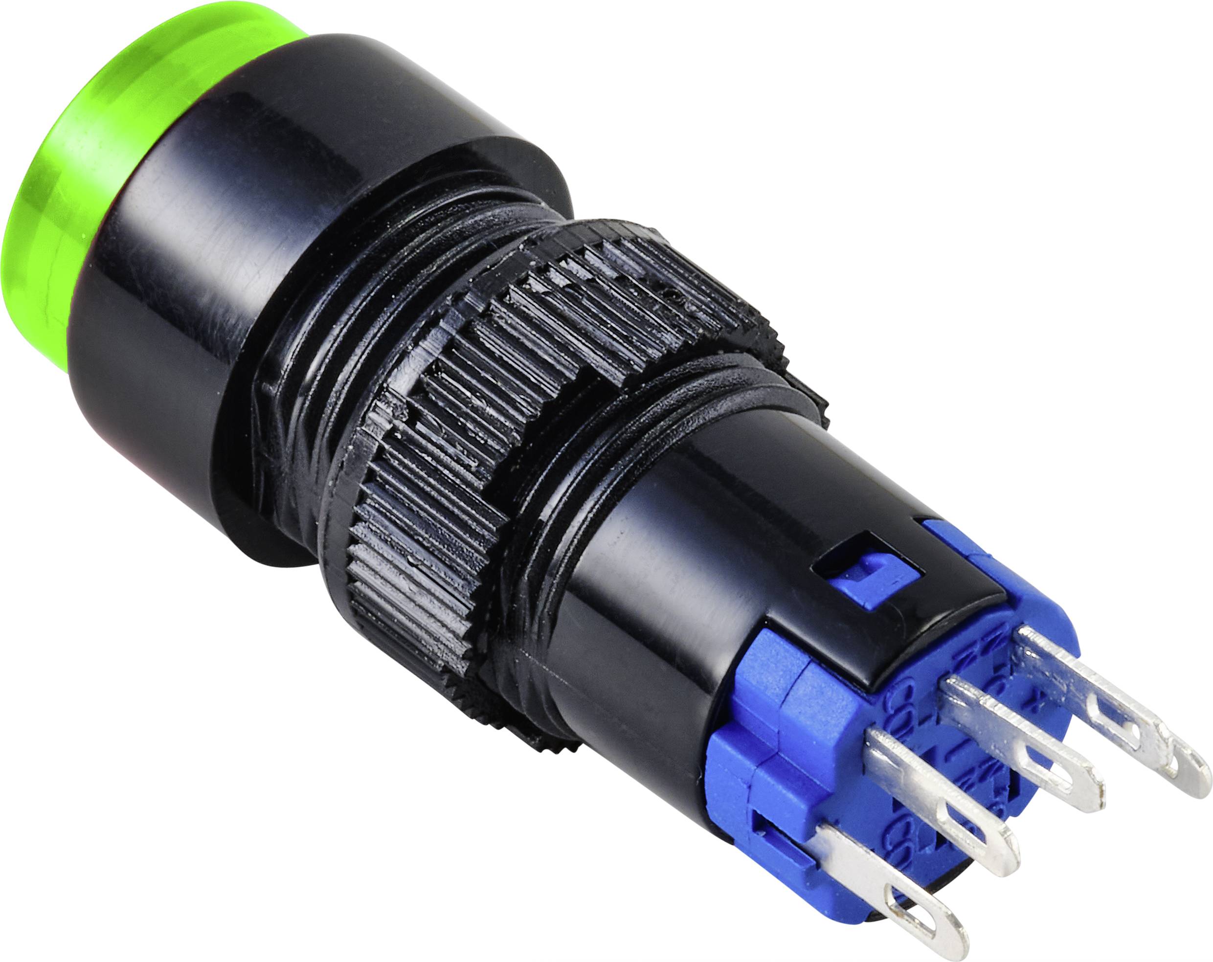 Nahaufnahme eines grünen LED-Drucktasters mit schwarzem Gehäuse und blauen Pins. Ideal für elektronische Anwendungen.