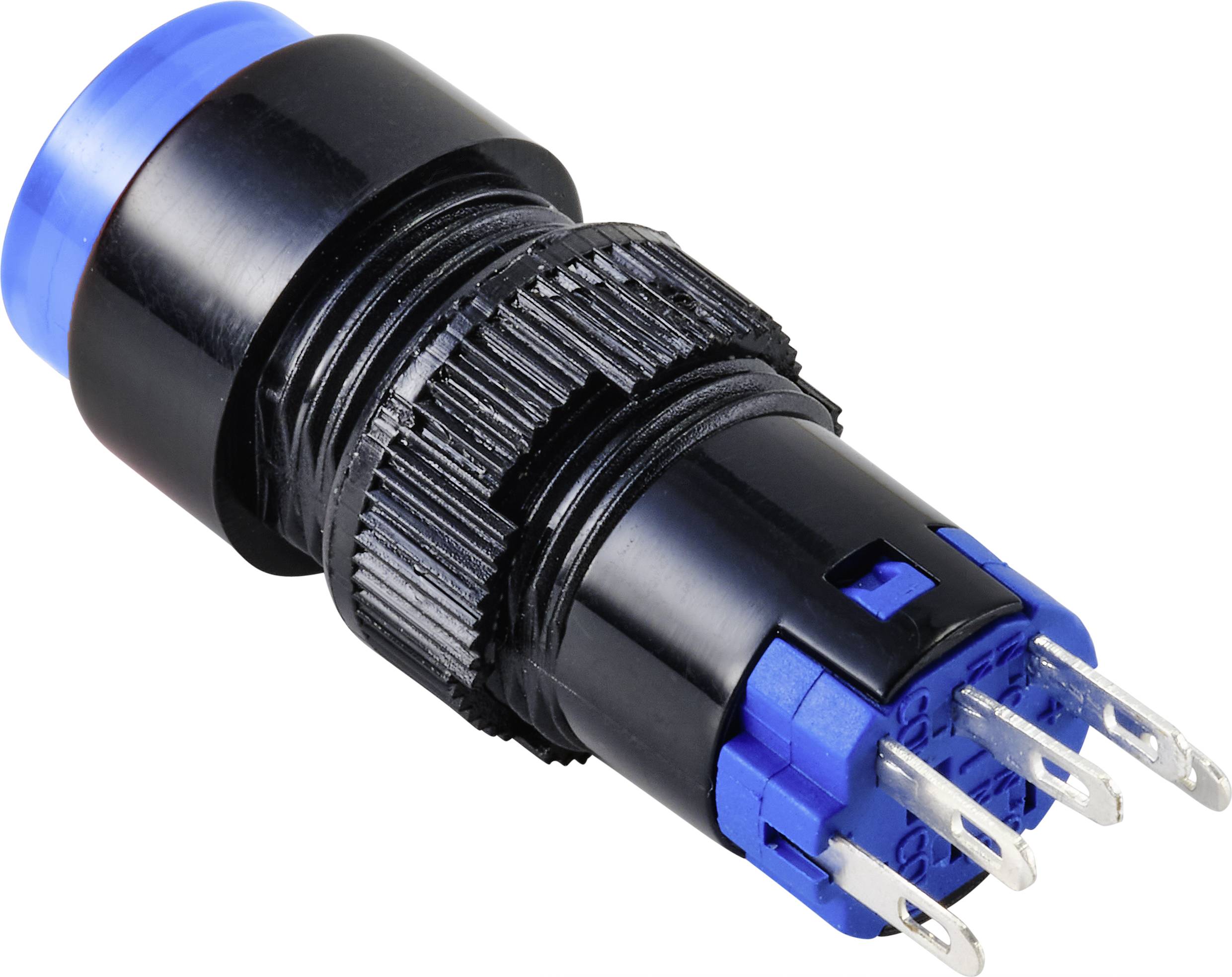 Ein runder, blauer Druckknopf mit schwarzem Gehäuse und mehreren Stiften, geeignet für elektronische Anwendungen.