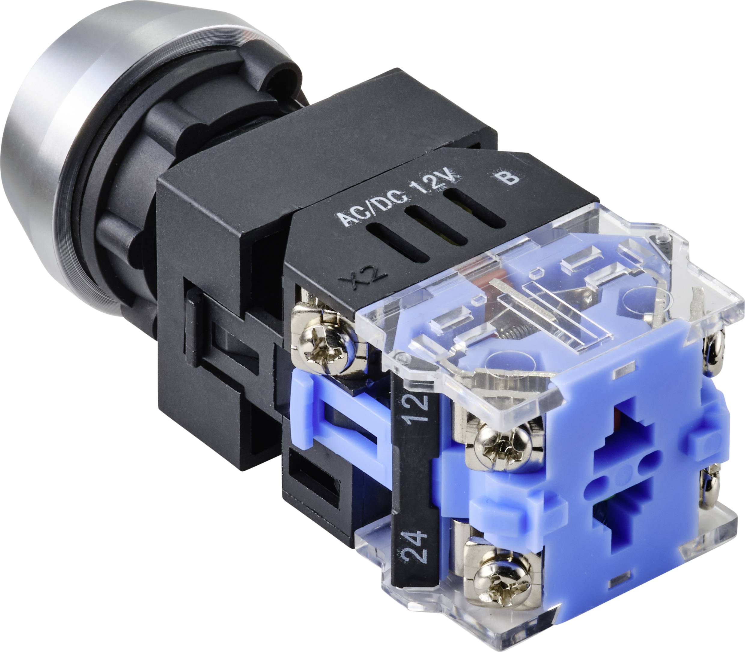 Nahaufnahme eines schwarzen Schalters mit blauer und transparenter Verkabelung, Beschriftung 'AC/DC 12V', geeignet für elektronische Anwendungen.