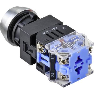 Ein runder Metallknopf mit blauem und schwarzem Sockel, beschriftet 'AC/DC 12V'. Verwendet für elektronische Schalttafeln.