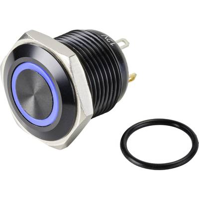 Silberfarbener, sechseckiger Druckknopf mit blauem LED-Ring und schwarzem Gummidichtungsring. Geeignet für elektronische Anwendungen.