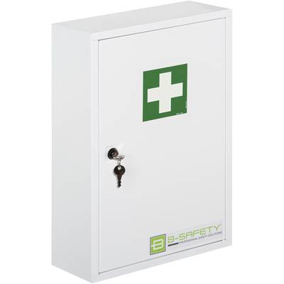Ein weißer Erste-Hilfe-Schrank mit grünem Kreuz-Logo und Schloss, passend für Sicherheits- und Notfallausrüstungen.