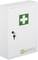Weißer Erste-Hilfe-Schrank mit grünem Kreuz-Symbol und Schlüssel im Schloss. Aufschrift unten: 'B-SAFETY Professional Safety Solutions'.