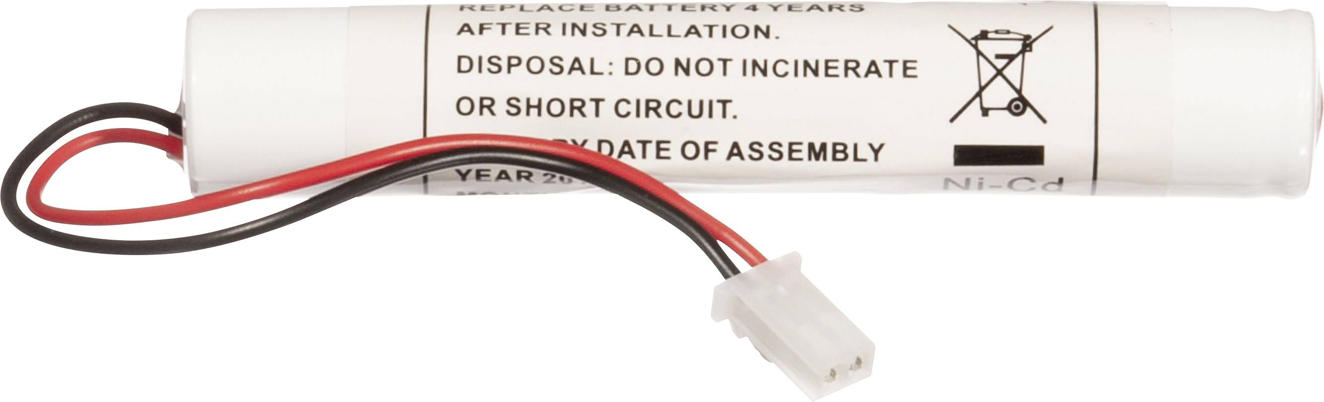 Zylindrischer Akku mit Anschlussdrähten, Aufdruck 'Do not incinerate or short circuit', mit Sicherheitssymbolen.