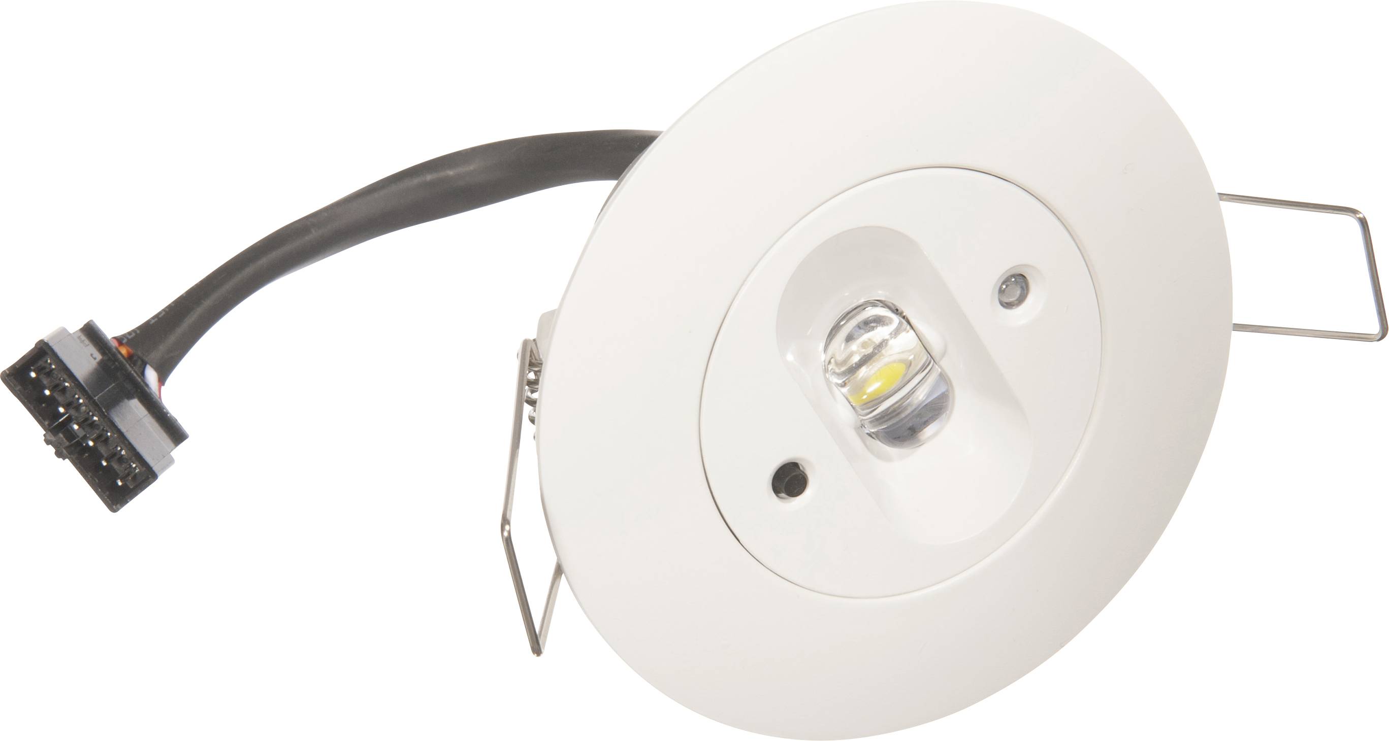 Weiße runde LED-Deckenleuchte mit Kabel und Steckverbinder. Ideal für Einbauanwendungen.