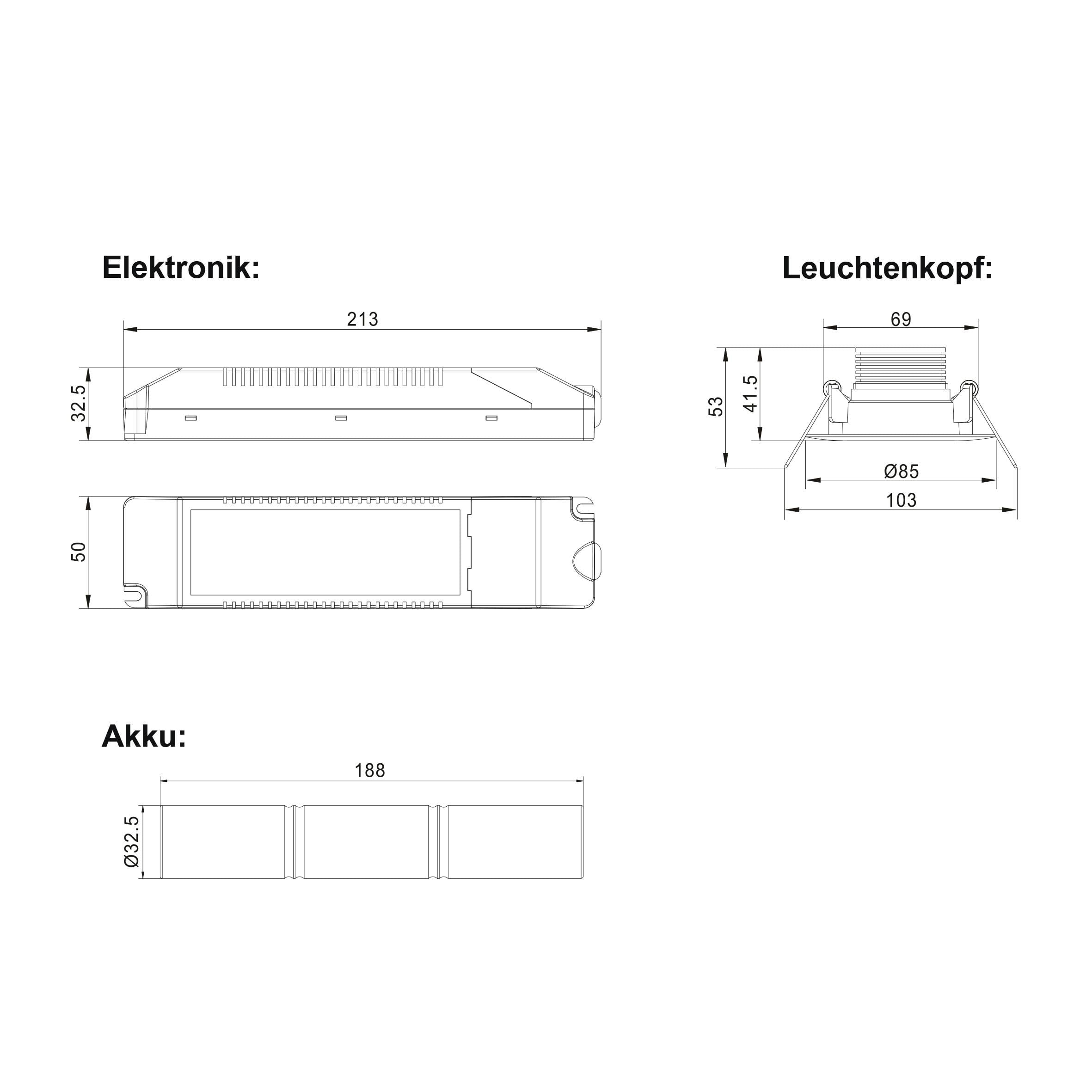 Technische Zeichnung: Elektronikmodul, Leuchtenkopf und Akku mit Abmessungen. Elektronik 213x32,5mm, Leuchtenkopf 69x41,5mm, Akku 188xØ23,5mm.