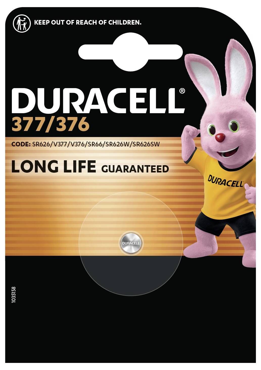 Packung mit zwei C2 Duracell Plus Batterien mit Text „100% Lebensdauer garantiert" und rosa Hase-Maskottchen auf dem Etikett.