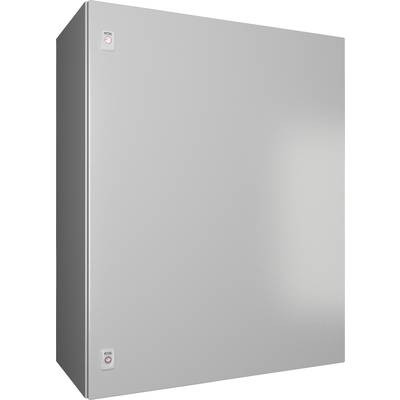 Eine graue, rechteckige Metallverkleidung mit zwei sichtbaren Schaltern oben und unten auf der linken Seite.